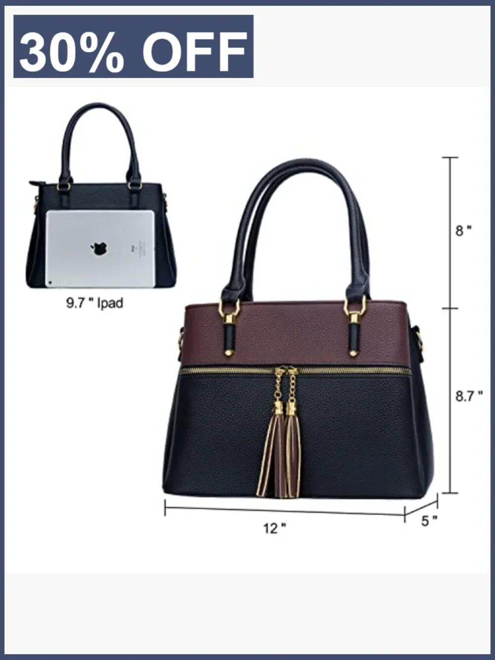 PU Leather Top Handle Satchel Bag Crossbody Purse 3 Zippered Compartments